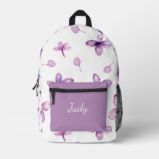 CHIC VIOLET PURPLE FLOWER PATTERN CUSTOM NAME PRINTED BACKPACK (Front)