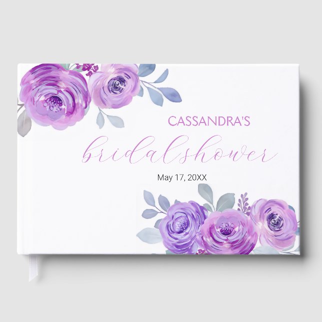 Chic Violet Rose Greenery Floral Bridal Shower  Guest Book (Front)