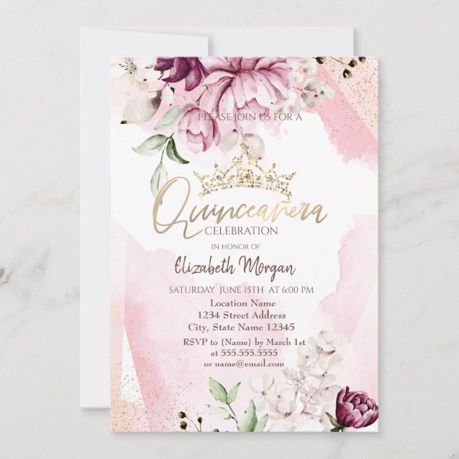 Chic Violet Roses Crown Quinceañera Invitation (Front)