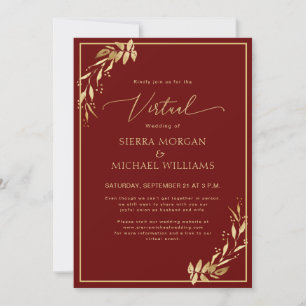 Chic Virtual Burgundy & Golden Foliage Wedding Invitation