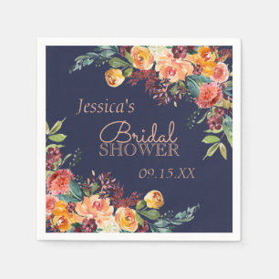 Chic Warm Floral Navy Blue Personalised Napkin