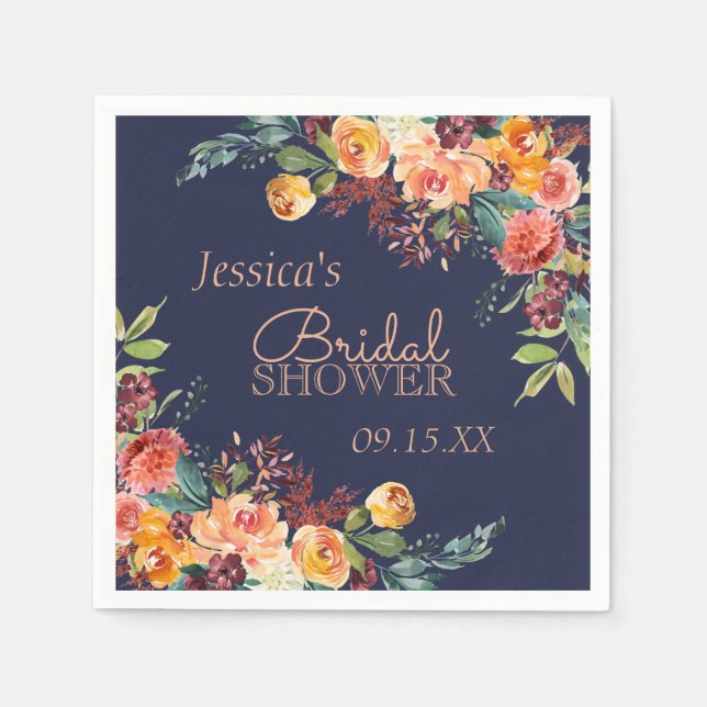 Chic Warm Floral Navy Blue Personalised Napkin (Front)