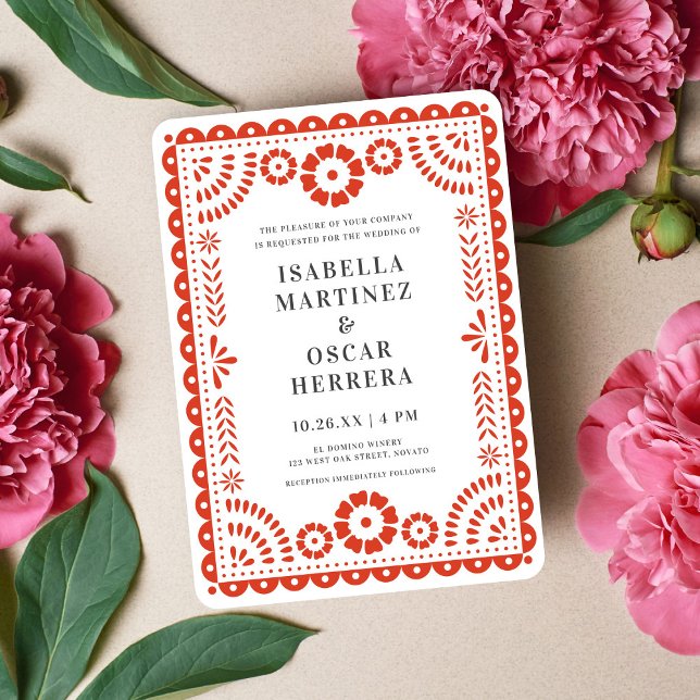 Chic Warm Red Papel Picado Inspired Wedding Invitation (Creator Uploaded)