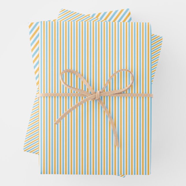 Chic Warm Yellow and Sky Blue Stripes Wrapping Paper Sheet (In situ)