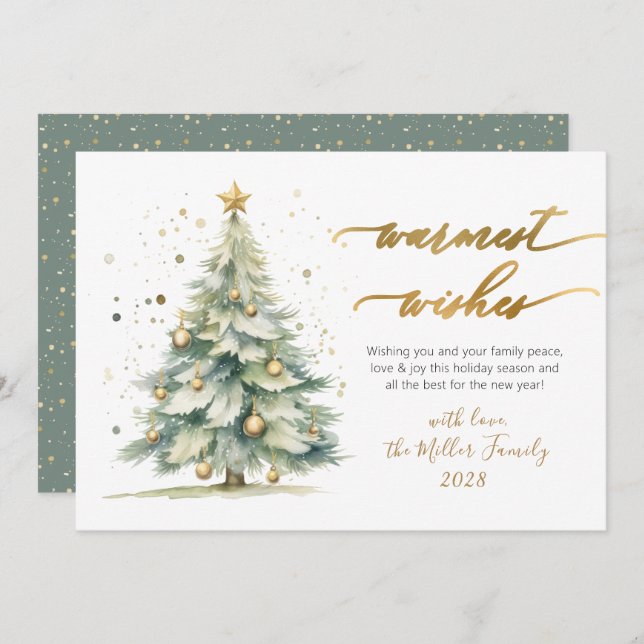 Chic Warmest Wishes Gold Script Christmas Tree Holiday Card (Front/Back)