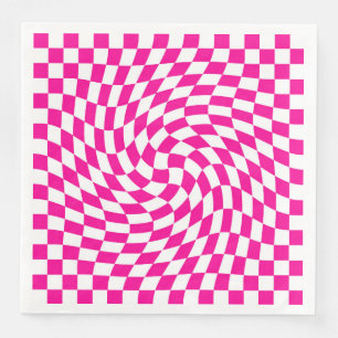 Chic Warped Chequered Pattern Magenta Pink & White Napkin