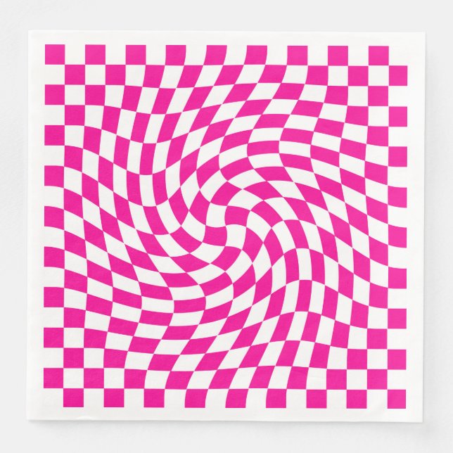Chic Warped Chequered Pattern Magenta Pink & White Napkin (Front)