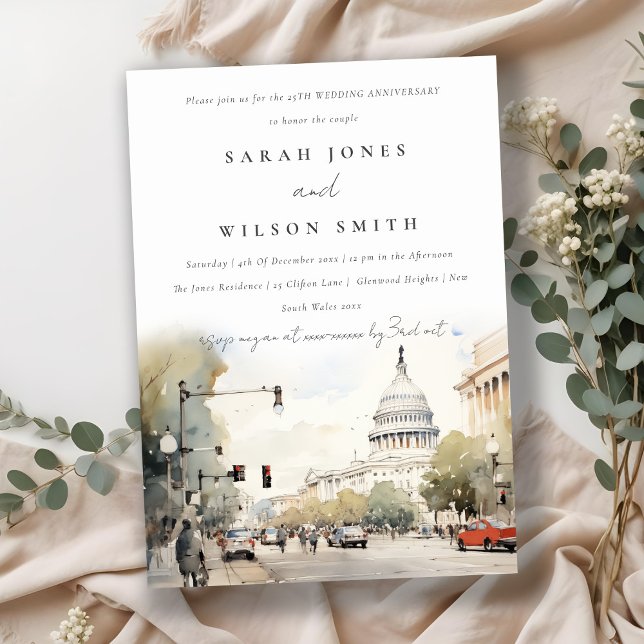 Chic Washington DC Watercolor Wedding Anniversary Invitation (Creator Uploaded)