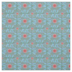Chic Water Lilies and Dragonflies on Blue Fabric