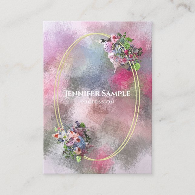 Chic Watercolor Abstract Flowers Gold Frame Modern Business Card (Front)