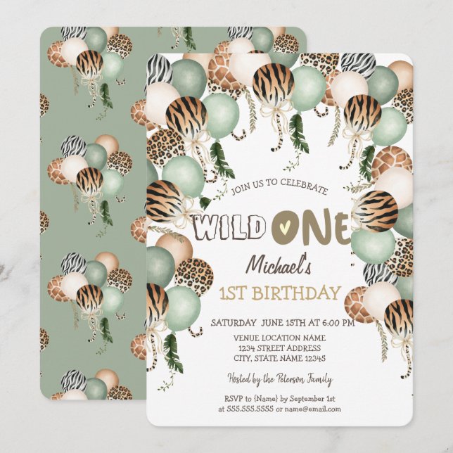 Chic Watercolor Animal Print Balloons 1st  Invitation (Front/Back)