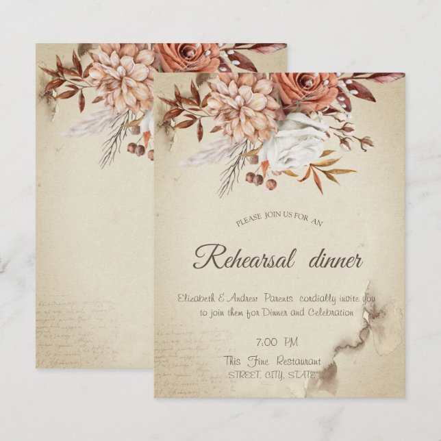 Chic Watercolor Autumn Flowers Rehearsal Dinner   Invitation (Front/Back)