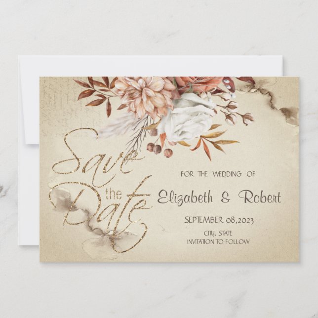 Chic Watercolor Autumn Flowers Save The Date (Front)