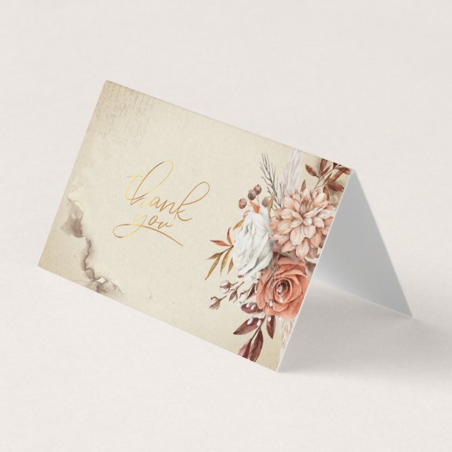 Chic Watercolor Autumn Flowers Thank You Card (Front)