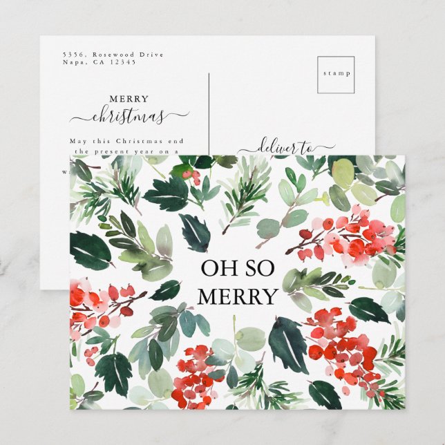 Chic Watercolor Berries and Greenery Oh So Merry Postcard (Front/Back)