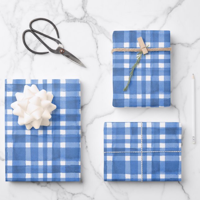 Chic Watercolor blue Plaid pattern  Wrapping Paper Sheet (Front)
