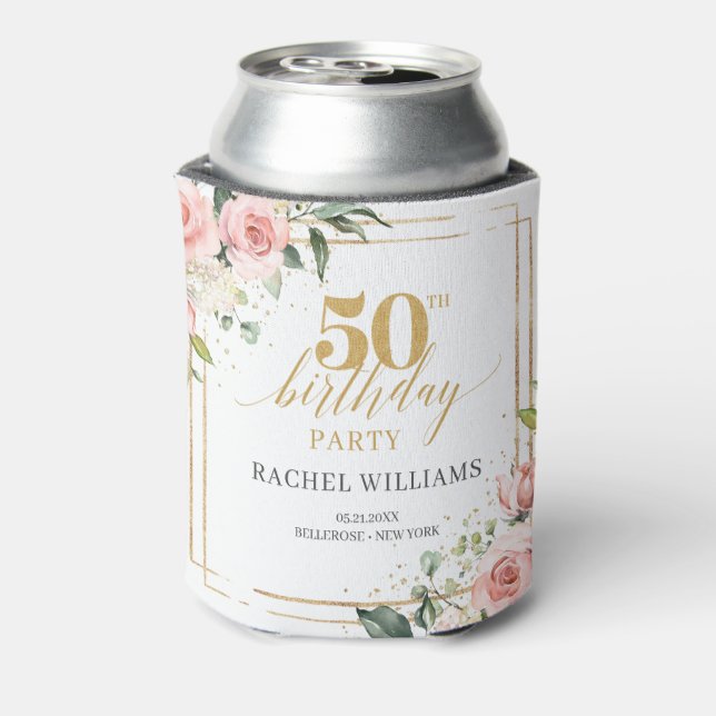 Chic watercolor blush flowers eucalyptus gold 50th can cooler (Can Back)