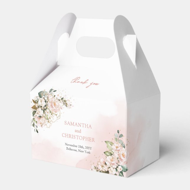 Chic watercolor blush flowers eucalyptus gold favour box (Front Side)