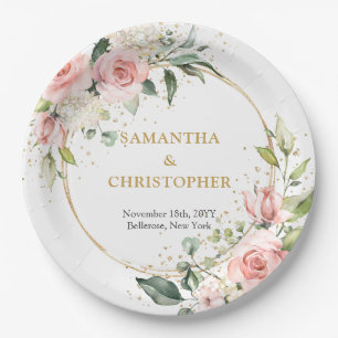 Chic watercolor blush flowers eucalyptus gold paper plate