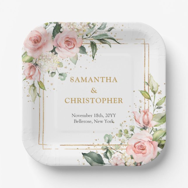 Chic watercolor blush flowers eucalyptus gold paper plate (Front)