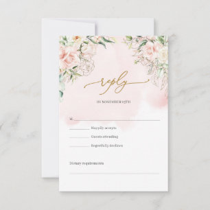 Chic watercolor blush flowers eucalyptus gold RSVP card