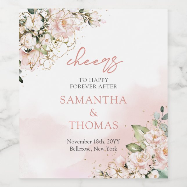 Chic watercolor blush flowers eucalyptus gold wine label (Single Label)