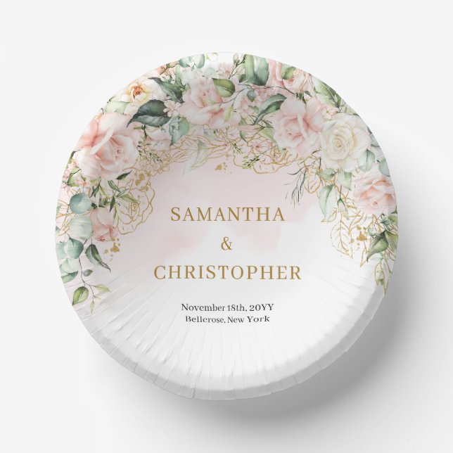 Chic watercolor blush flowers eucalyptus wedding paper plate (Front)