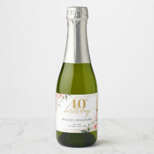 Chic watercolor blush flowers gold 40th birthday sparkling wine label