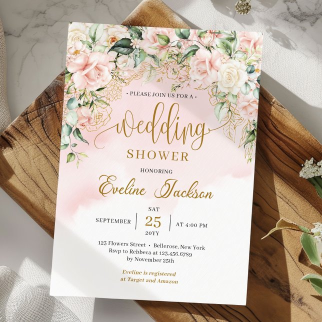 Chic watercolor blush flowers gold wedding shower invitation (Chic watercolor blush flowers eucalyptus and gold wedding shower invitation digital)