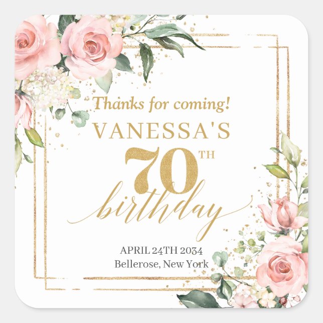 Chic watercolor blush flowers greenery 70 birthday square sticker (Front)