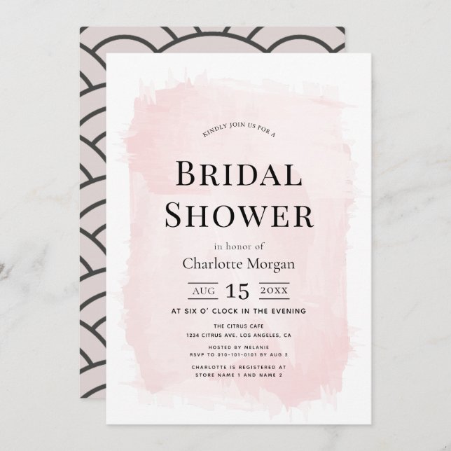 Chic Watercolor Blush Pink Bridal Shower Invitation (Front/Back)