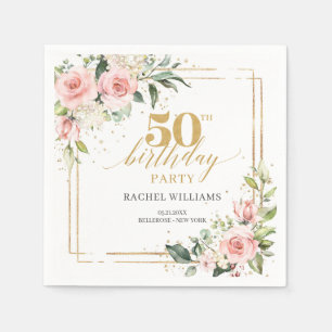Chic watercolor blush roses gold 50th birthday napkin