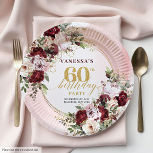 Chic Watercolor Boho Burgundy Blush 60th Birthday Paper Plate