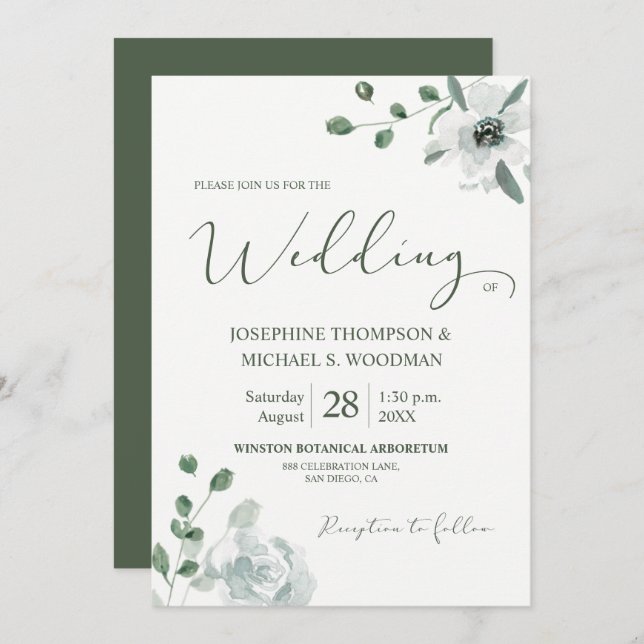 Chic Watercolor Botanical Green Wedding Script Invitation (Front/Back)
