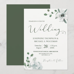 Chic Watercolor Botanical Green Wedding Script Invitation