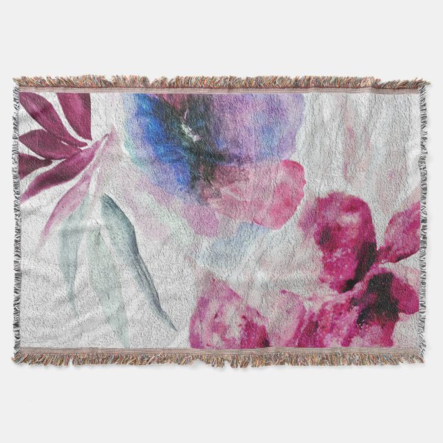 Chic Watercolor Burgundy Botanical Textured Throw Blanket (Front)