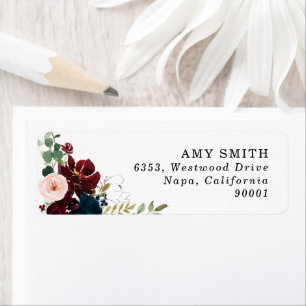 Chic Watercolor Burgundy Floral Address Label
