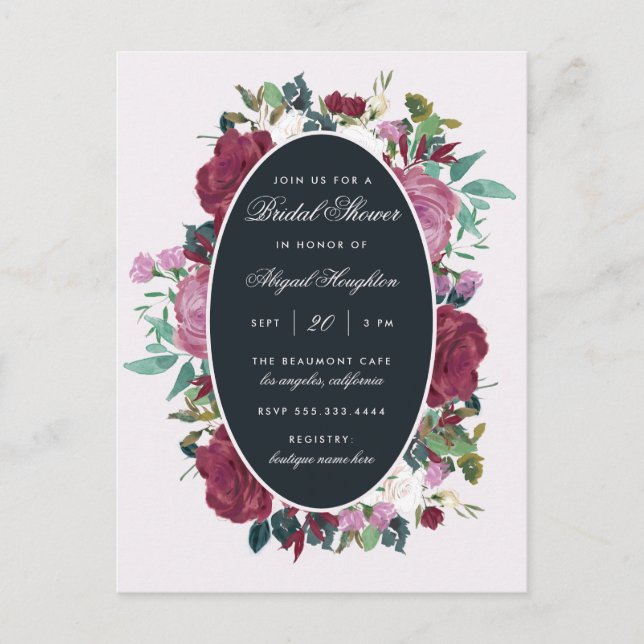 Chic Watercolor Burgundy Floral Bridal Shower Invitation Postcard (Front)