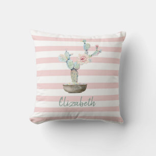 Chic Watercolor Cactus,Pink Stripes Cushion