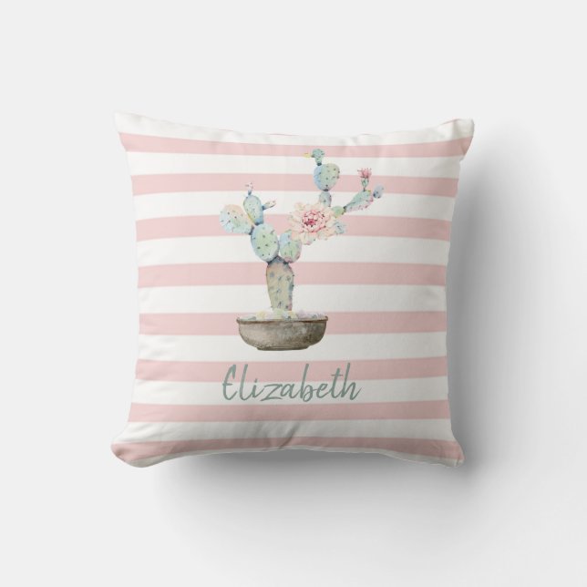 Chic Watercolor Cactus,Pink Stripes Cushion (Front)