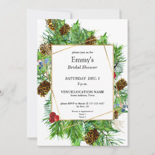 Chic Watercolor Christmas Greenery Bridal Shower Invitation
