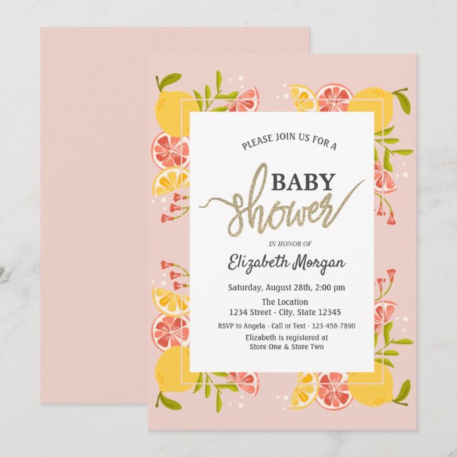 Chic Watercolor Citrus Frame Baby Shower  Invitation (Front/Back)