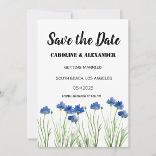 Chic Watercolor Cornflowers Wildflowers Wedding Save The Date