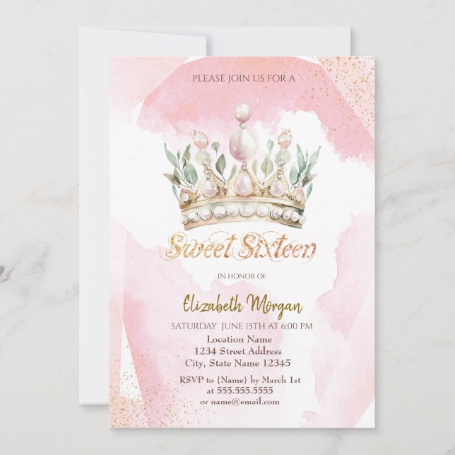 Chic Watercolor Crown Flowers Sweet 16 Invitation (Front)