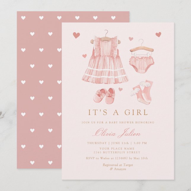 Chic Watercolor Cute Boho Clothes Girl Baby Shower Invitation (Front/Back)