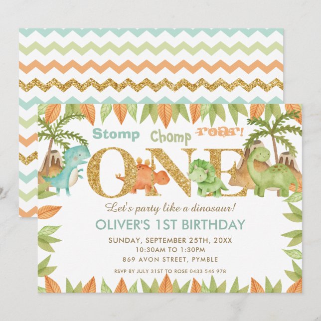 Chic Watercolor Cute Dinosaur 1st Birthday Party Invitation (Front/Back)