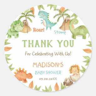 Chic Watercolor Cute Dinosaur Baby Shower Favour Classic Round Sticker