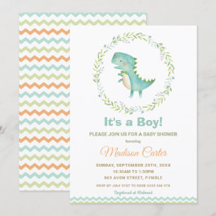 Chic Watercolor Cute Dinosaur Boy Baby Shower Invitation