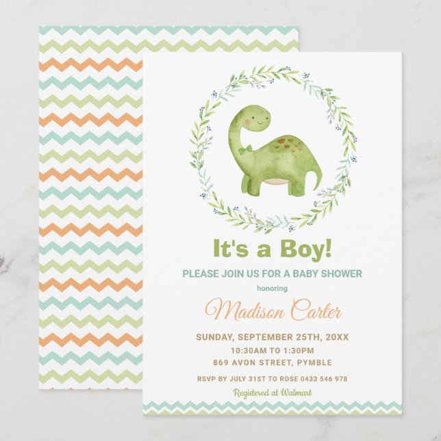 Chic Watercolor Cute Dinosaur Boy Baby Shower Invitation (Front/Back)