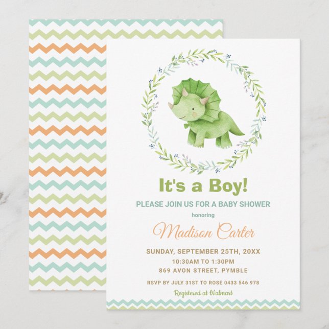 Chic Watercolor Cute Dinosaur Boy Baby Shower Invitation (Front/Back)